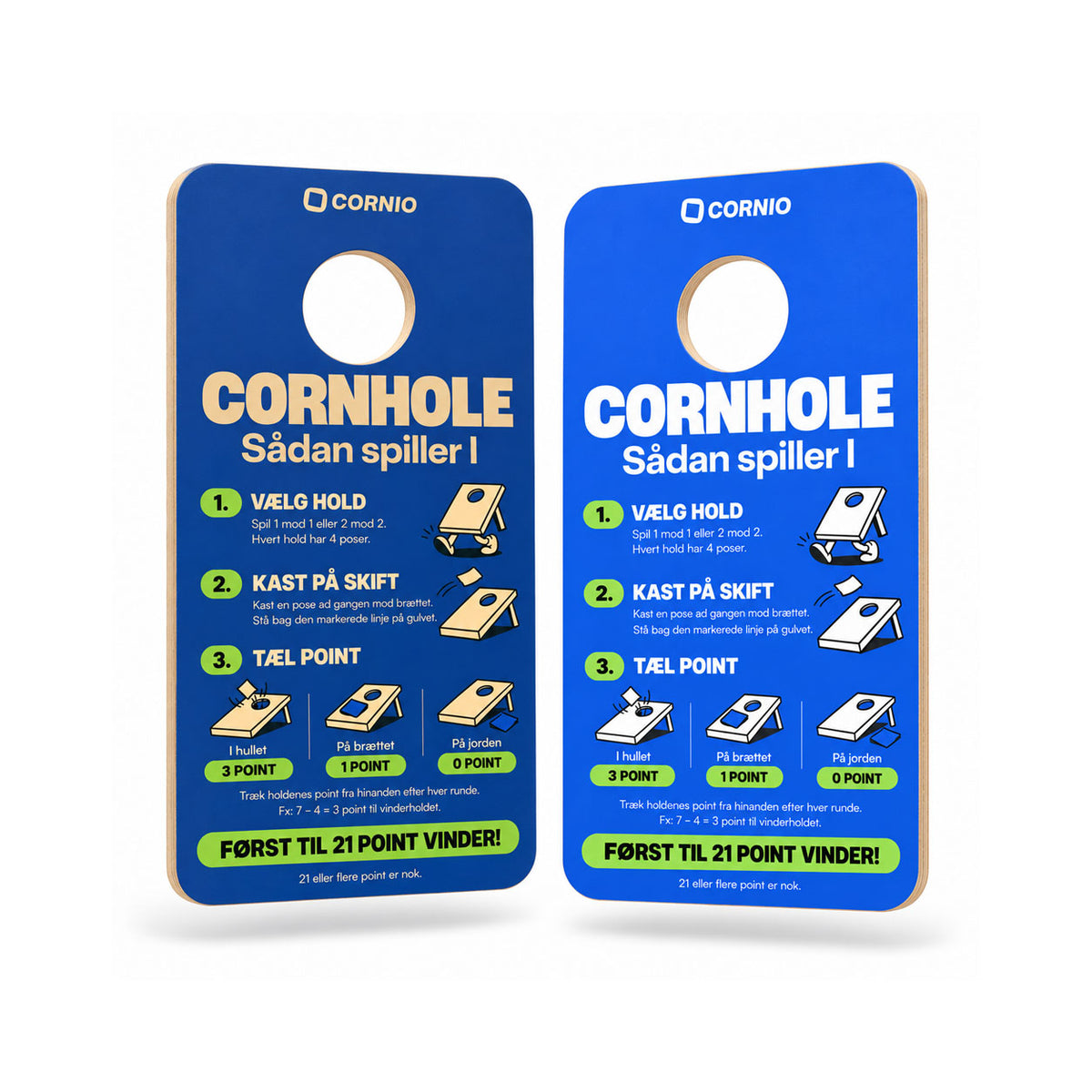 To Cornio mini-cornholeplader med printede spilleregler, afrundede hjørner og blå designs